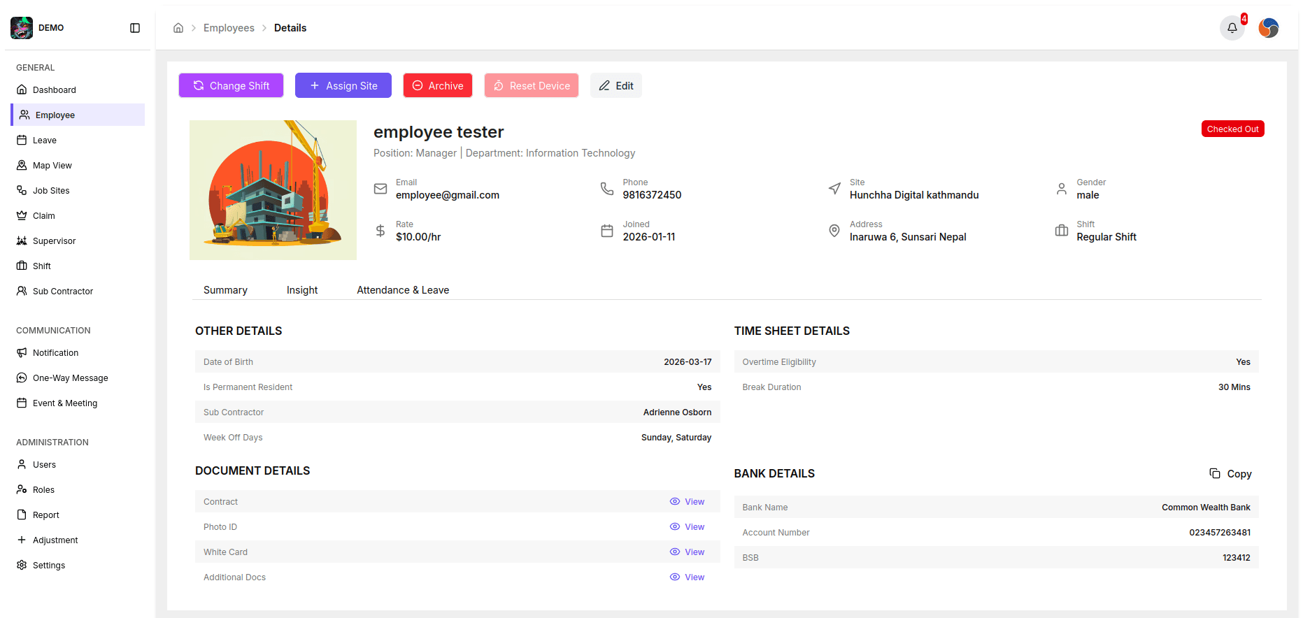 Employee details — profile, contact and work info, Summary / Insight / Attendance & Leave tabs, other details, timesheet, documents, and bank details with actions (change shift, assign site, archive, edit).