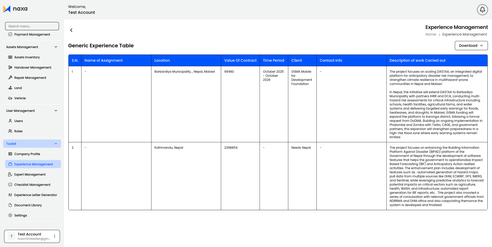Experience Management — generic experience table with assignments and contracts