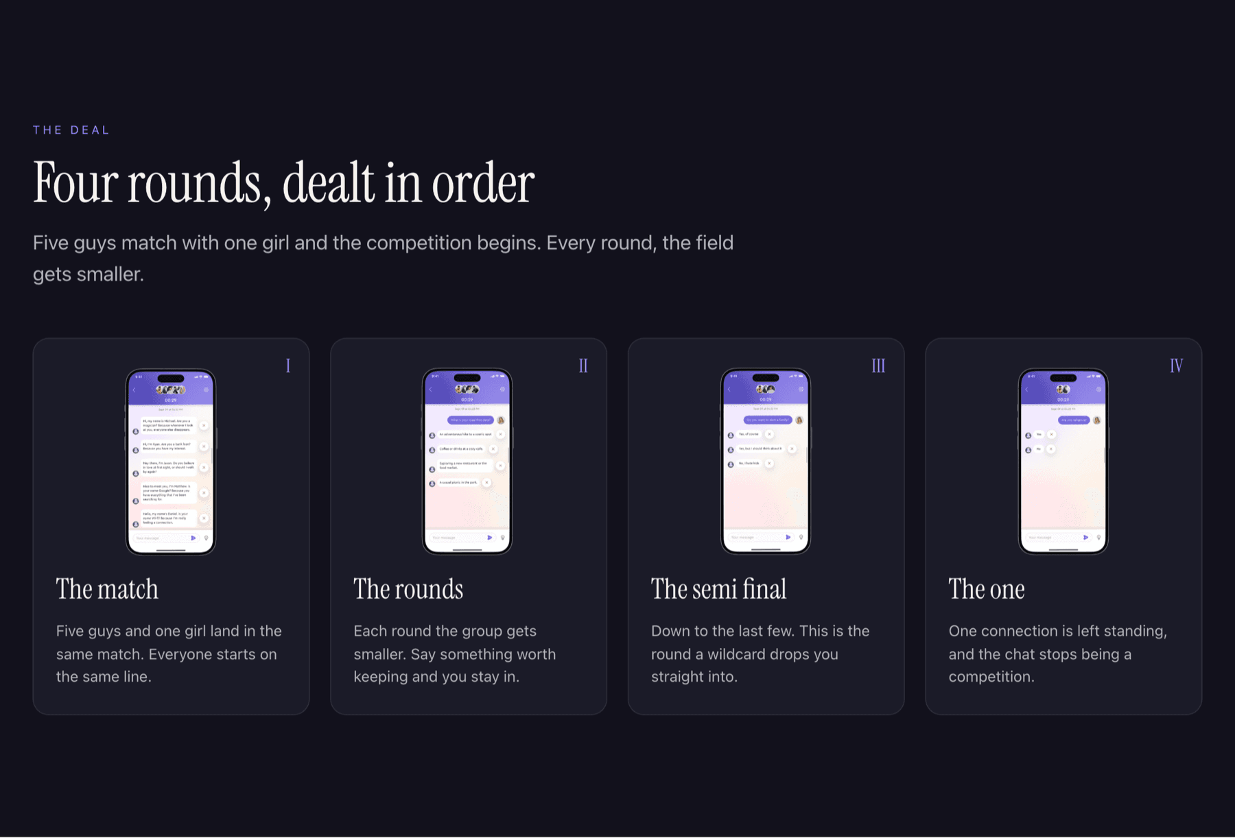 The four rounds of a match, shown with real in-app chat screens from the iOS client.