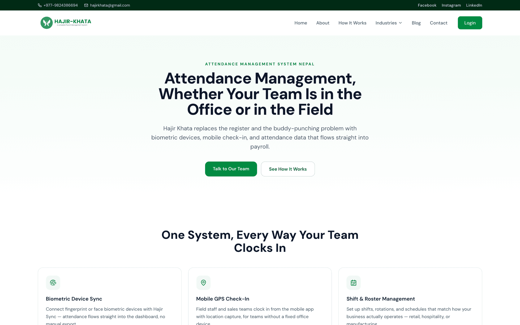 Attendance capability page — biometric device sync, mobile GPS check-in for field staff, and shift and roster management.