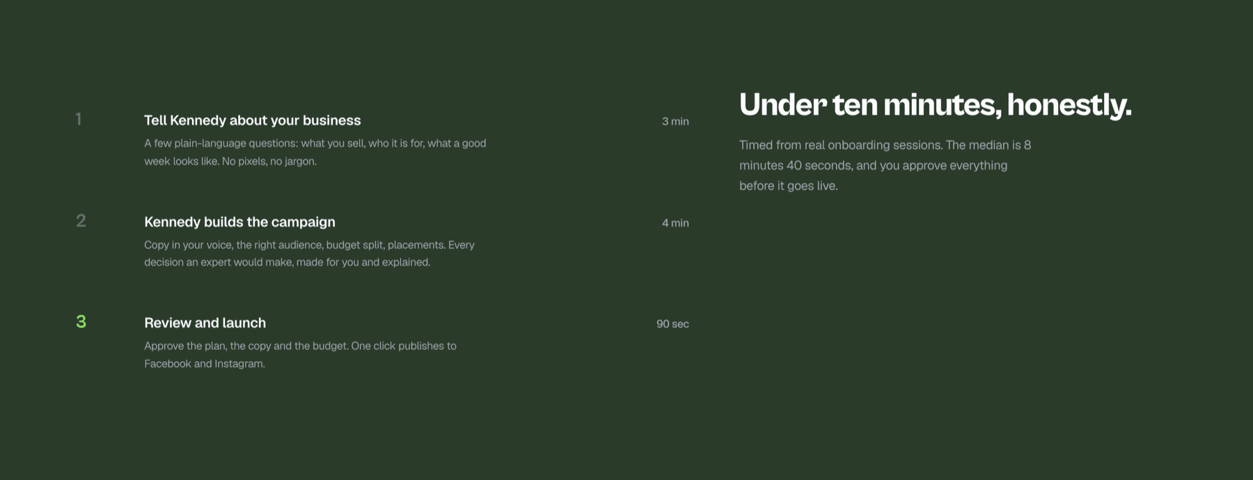 Onboarding broken into three timed steps, with the median real onboarding time stated openly — dark theme.
