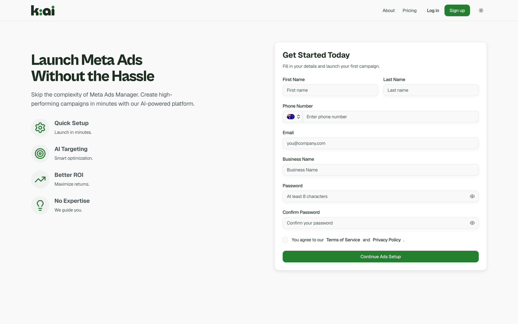 The same landing page in light theme. Both themes are first-class, not an inverted afterthought.
