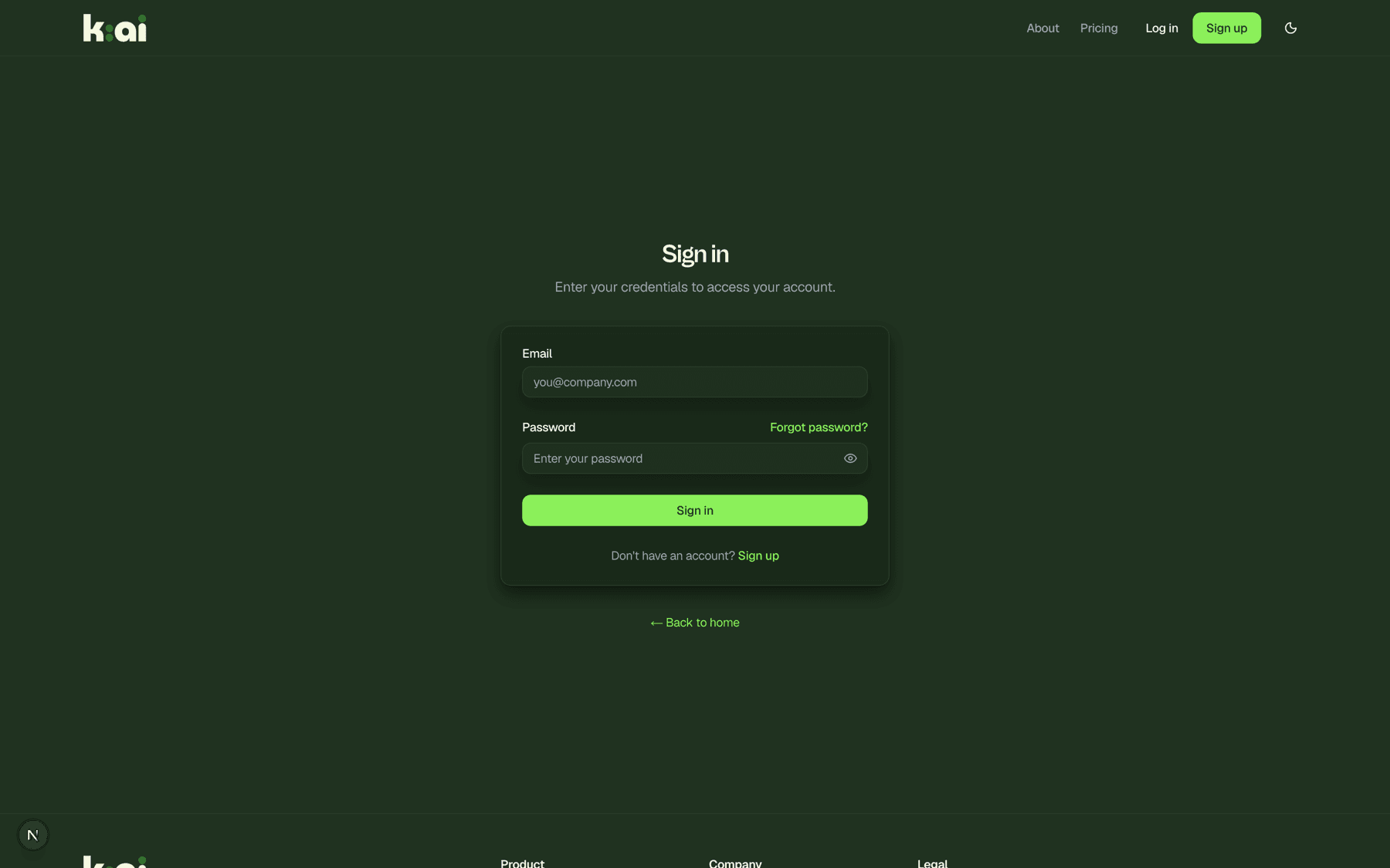 Authentication entry point into the customer dashboard.