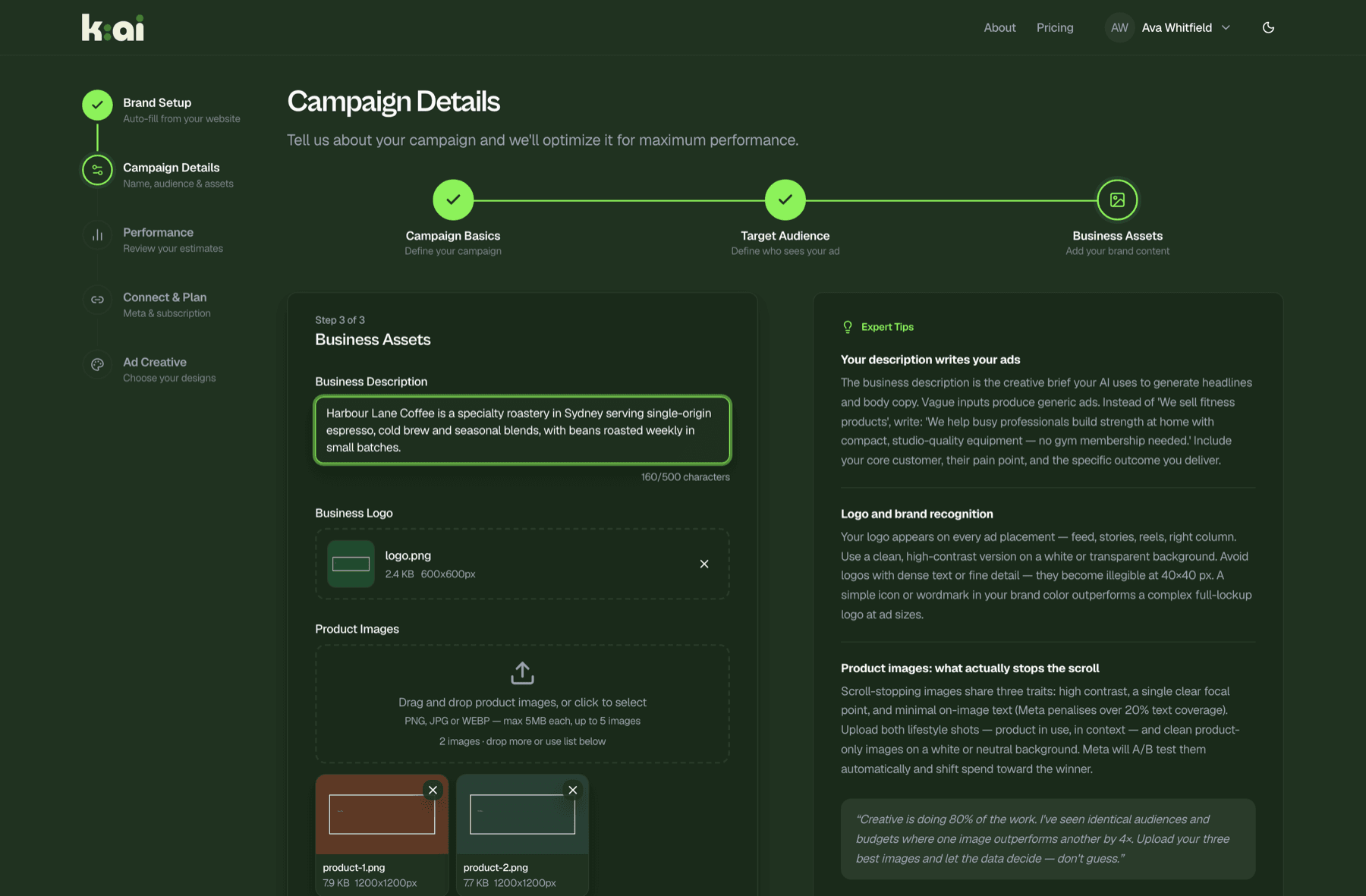 Campaign details, step 3 of 3 — business description, logo and product image uploads with previews and validation, alongside contextual Expert Tips that explain why each input matters.