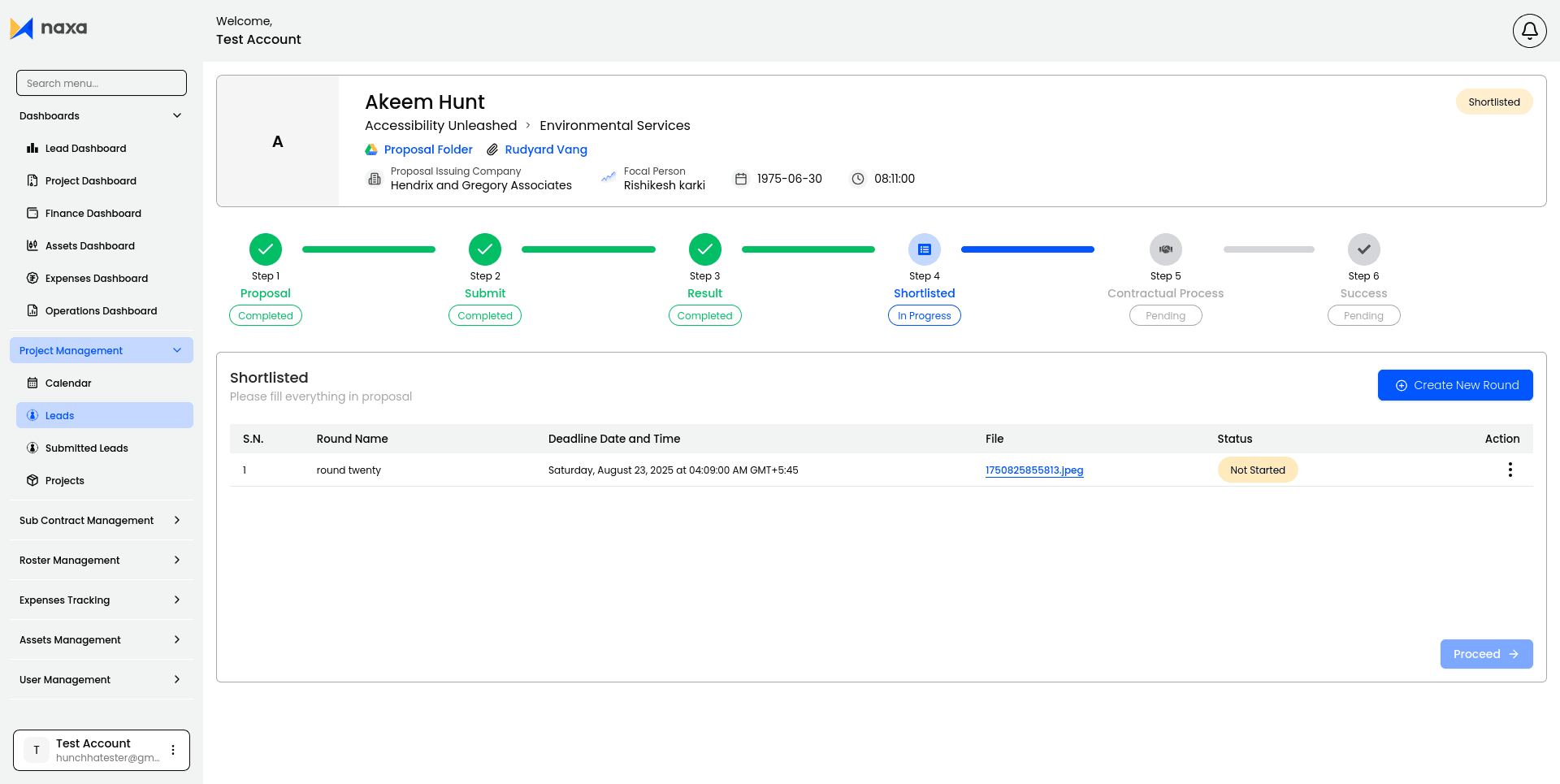 Lead detail — shortlisted phase with rounds and proposal workflow