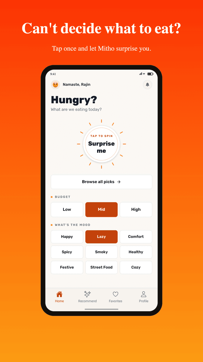 Home — one tap on Surprise Me returns a single meal rather than a list.