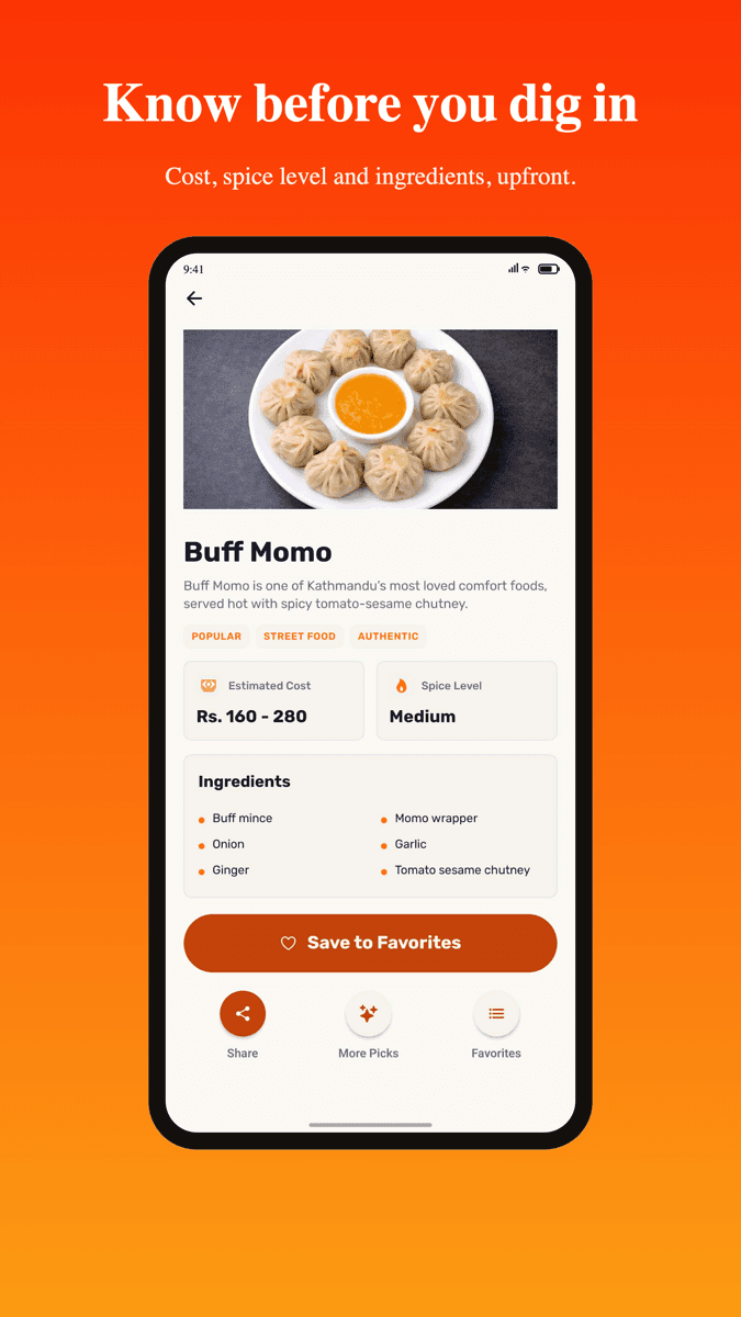 Dish detail — price range, spice level and ingredients before committing.