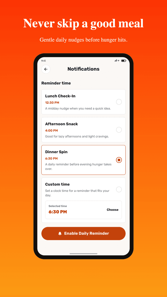 Optional local mealtime reminders, scheduled to the user's routine.