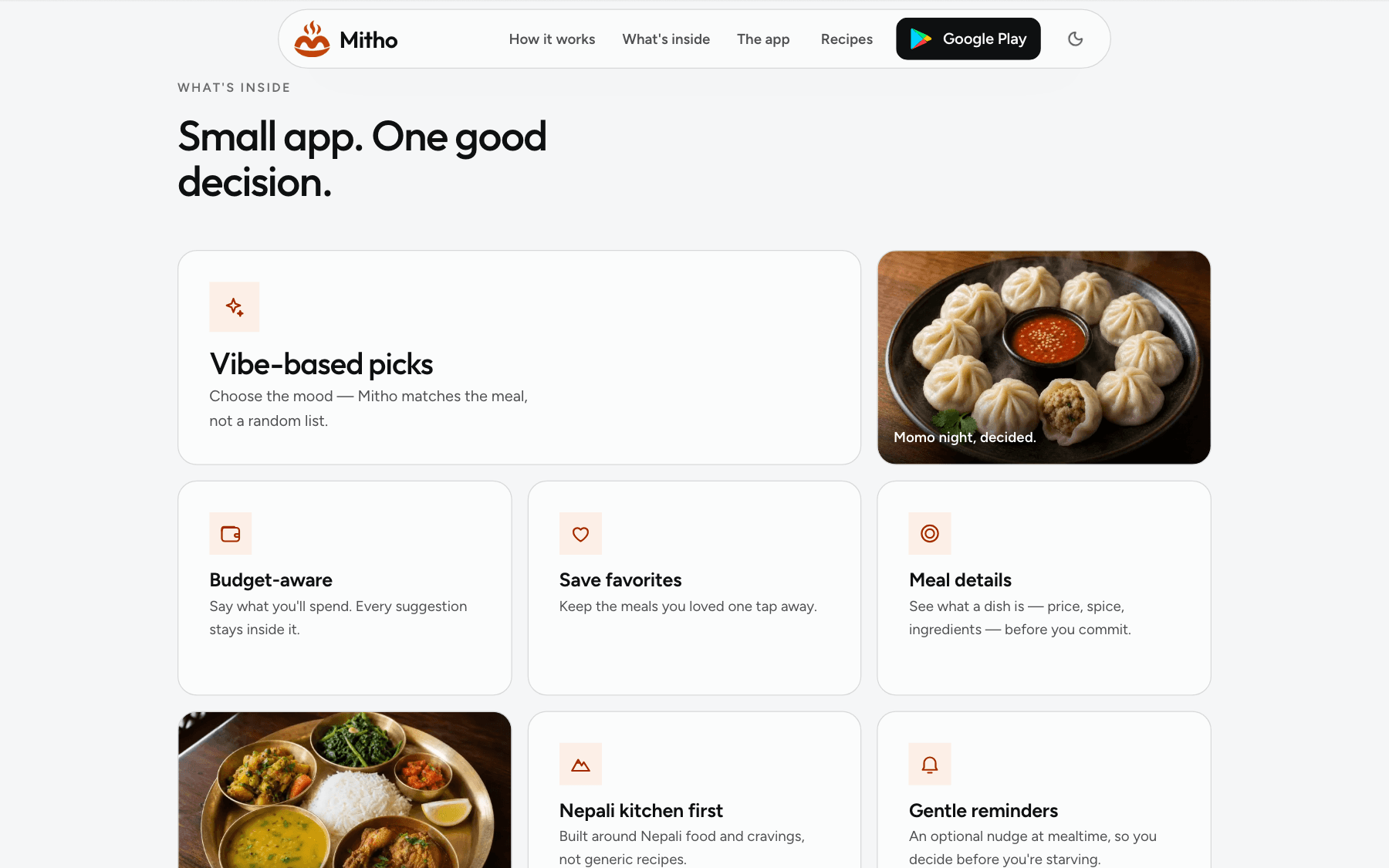 Marketing site feature grid — vibe, budget, favorites and reminders laid out over Nepali food photography.