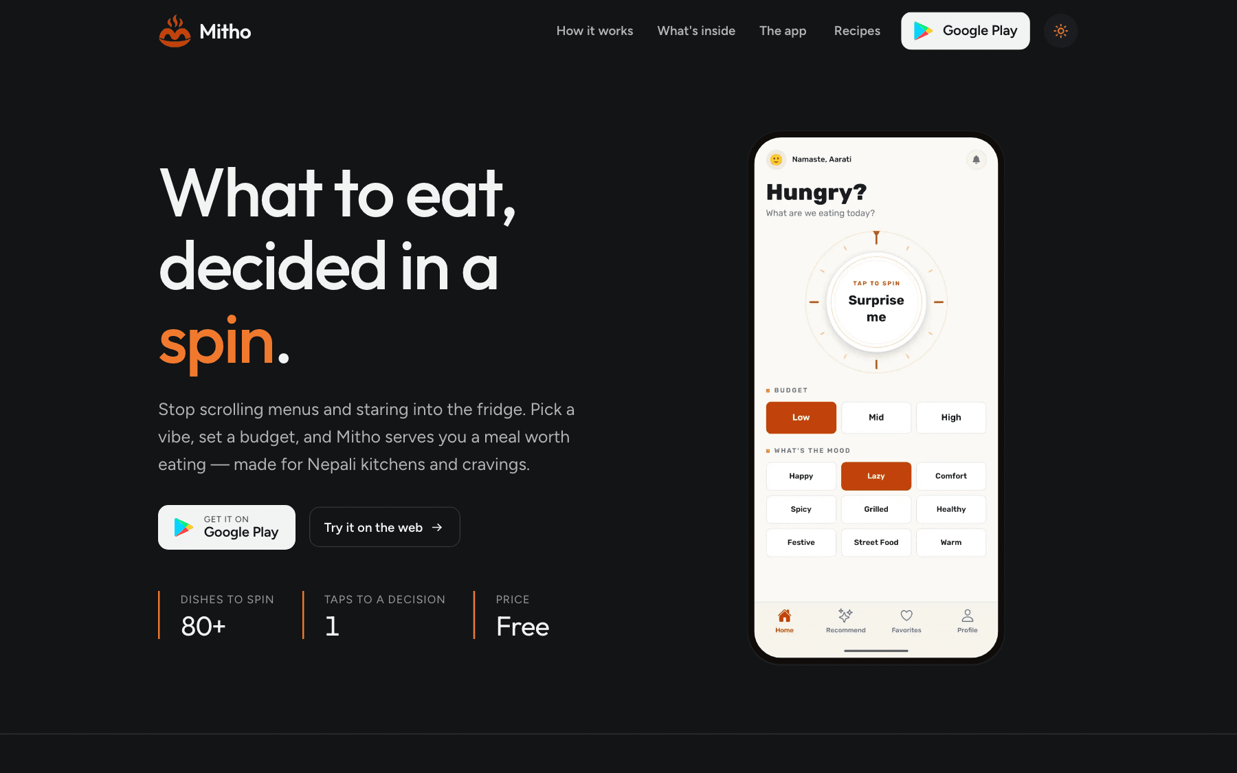 The marketing site in dark theme. Both themes are first-class here too, not just inside the app.