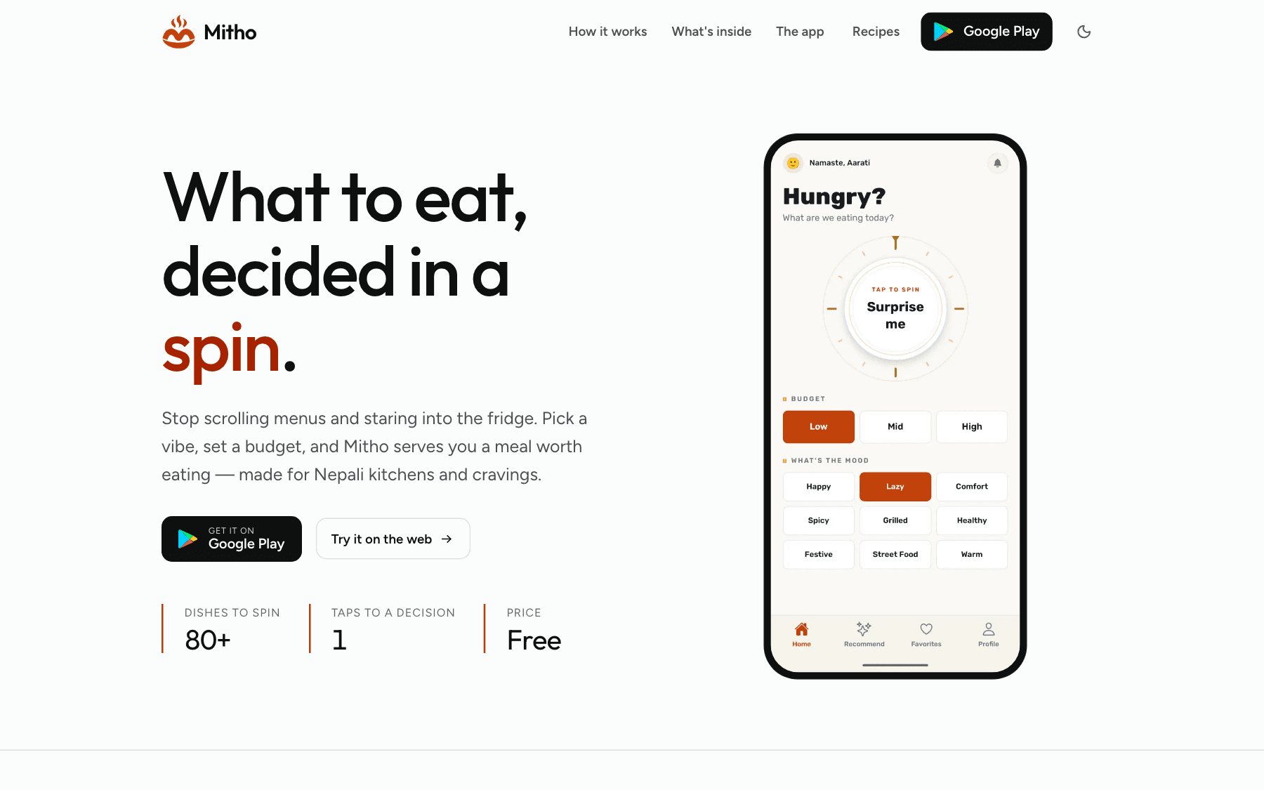 Marketing site hero — the premise in one line, with the Play Store install and the web build side by side.
