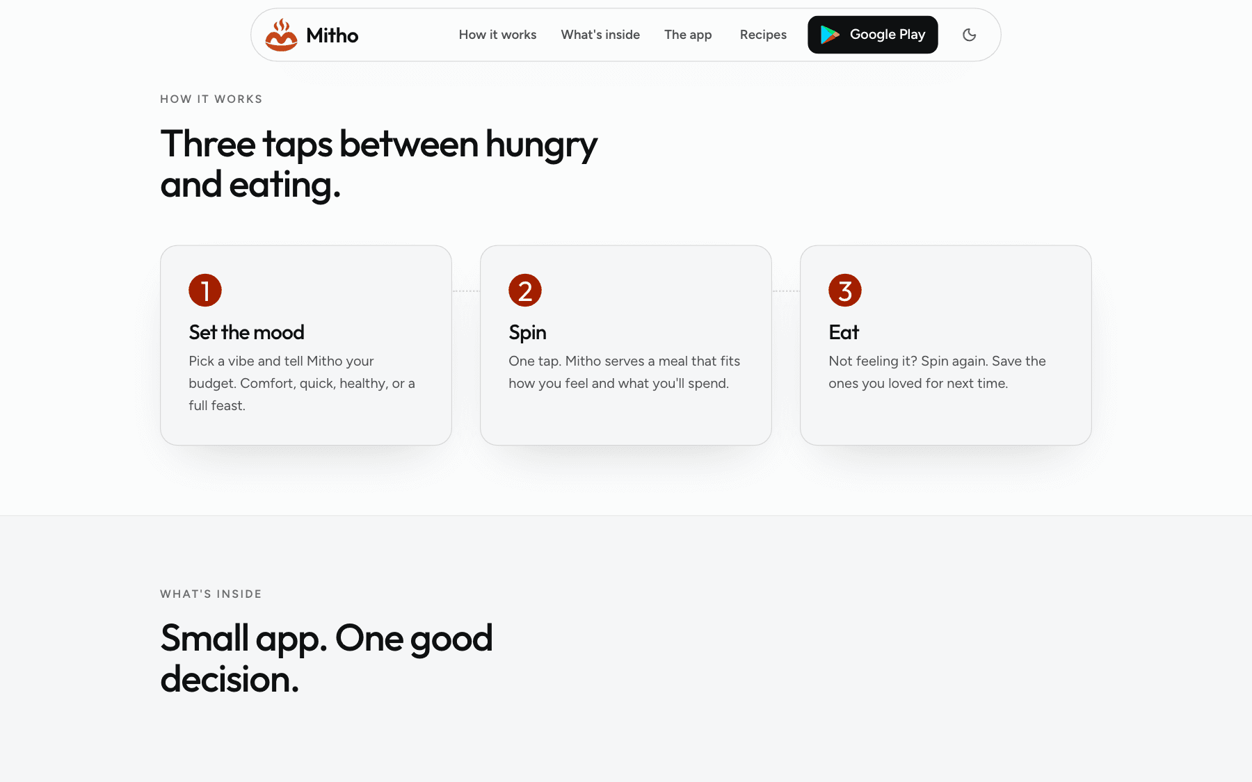How it works — the whole product reduced to three steps: set the mood, spin, eat.