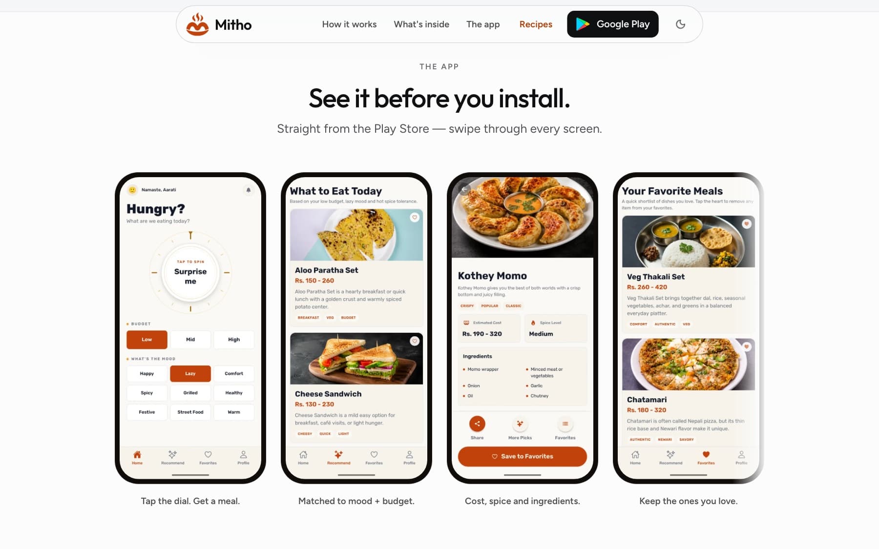 Product tour on the marketing site, walking through the app screen by screen before anyone installs it.