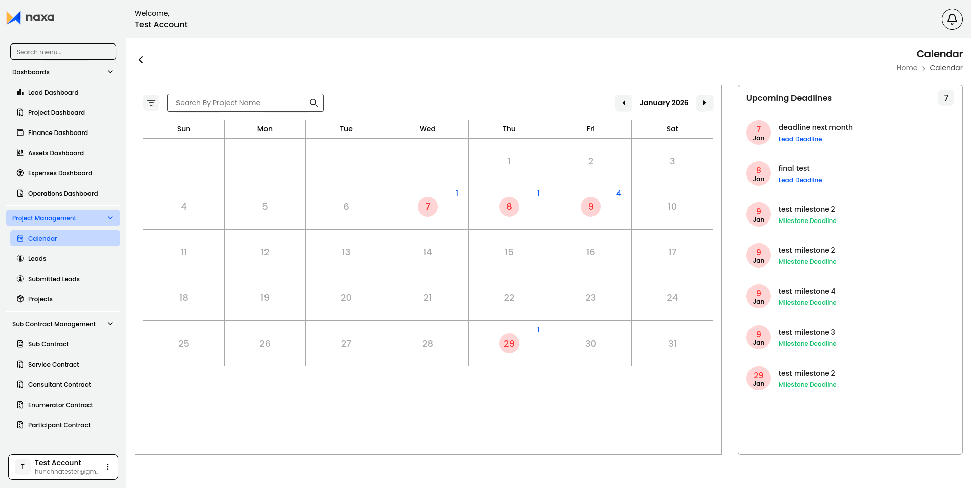 Calendar — project calendar with upcoming deadlines