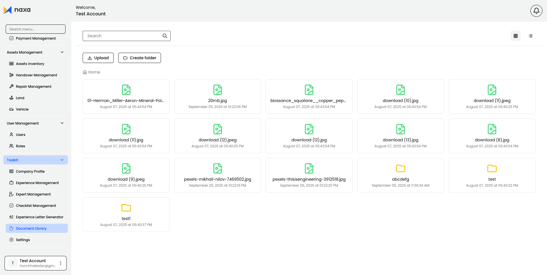 Document Library — upload, create folder, and grid view of files