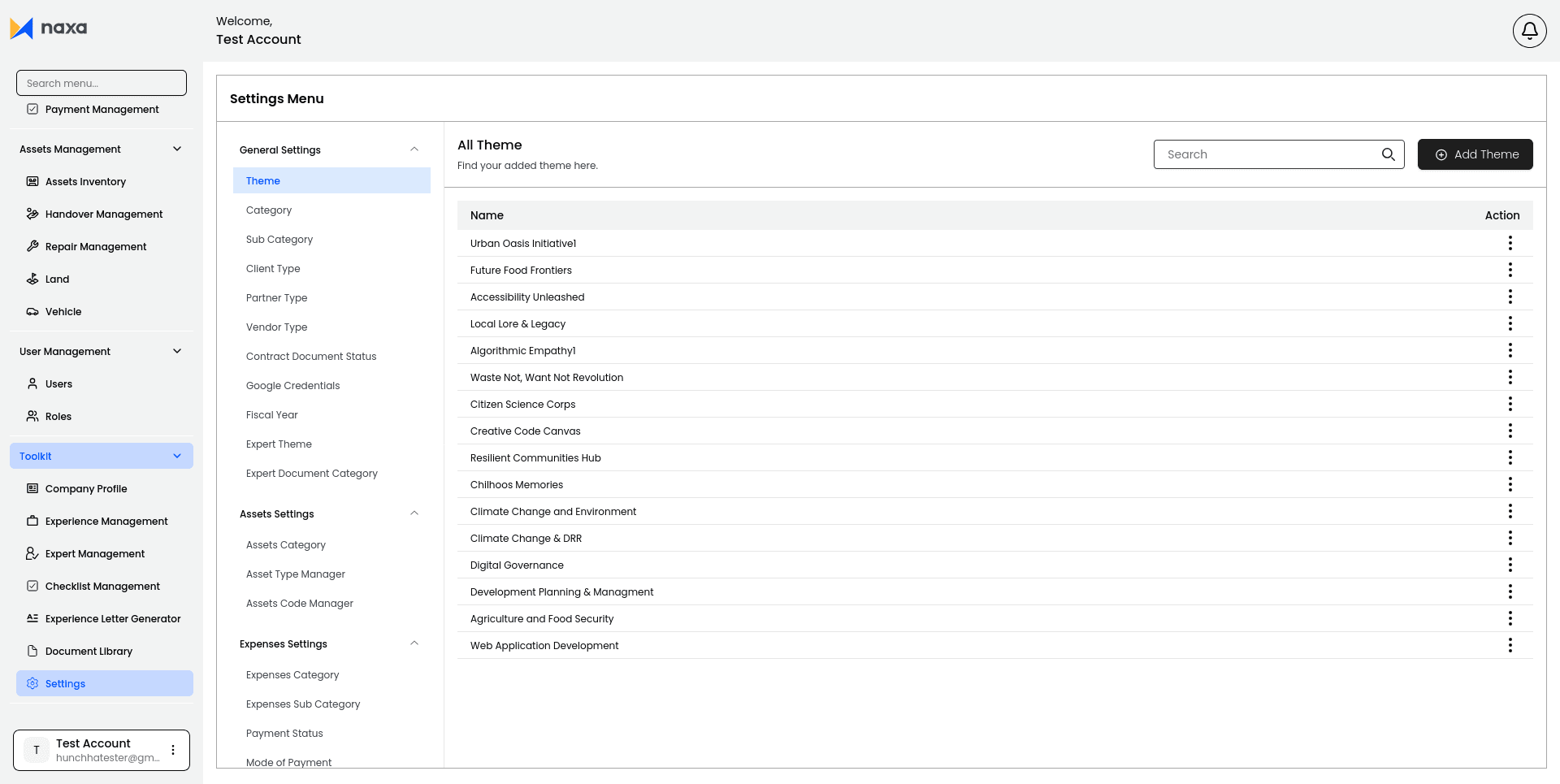 Settings — Theme management under General Settings