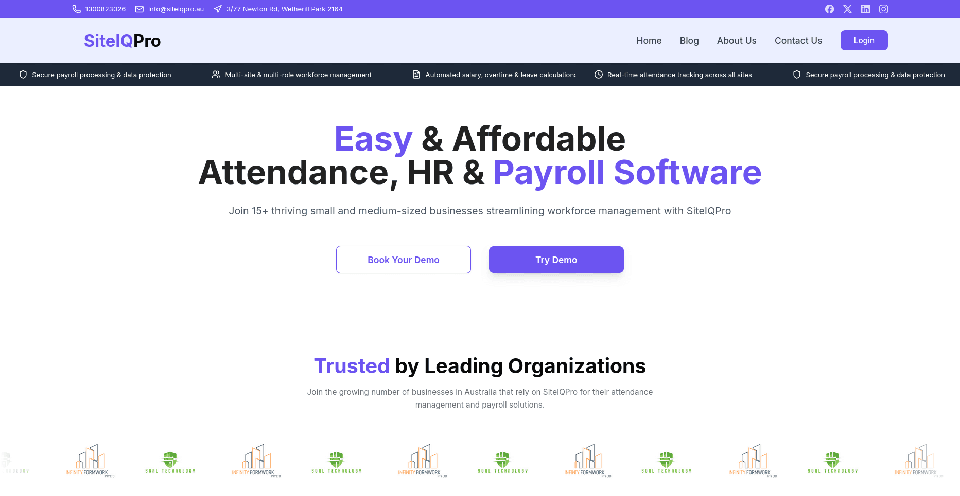 SiteIQPro marketing site — hero for Attendance, HR & Payroll, feature strip, demo CTAs, and trusted-by logos.