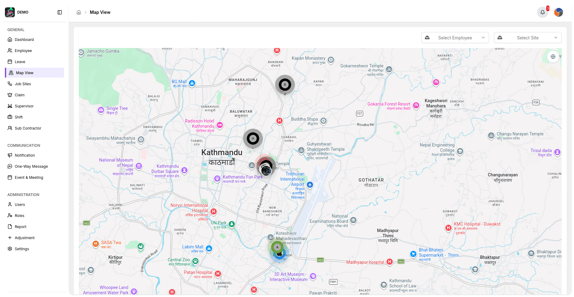 Map view — live map of Kathmandu with employee and site filters, markers for people and sites, and status highlighting.