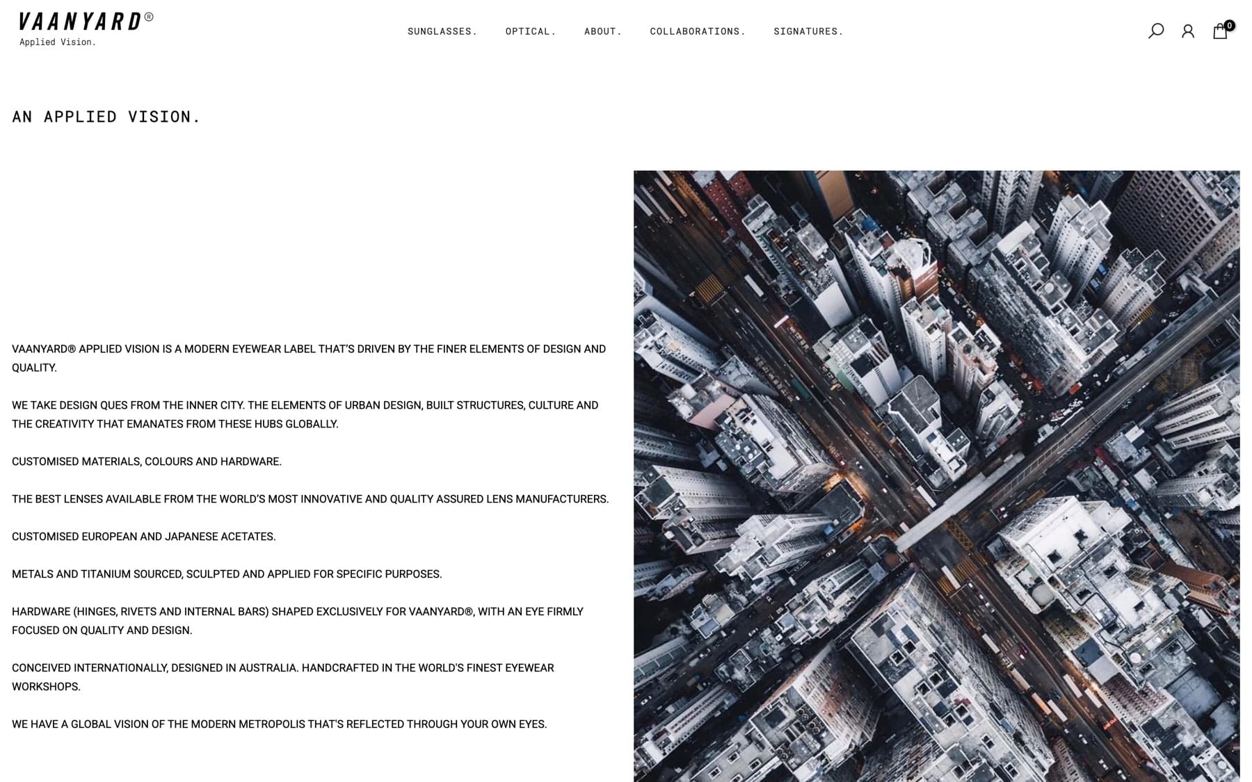 Brand story page — editorial layout pairing the label's design position with urban photography.