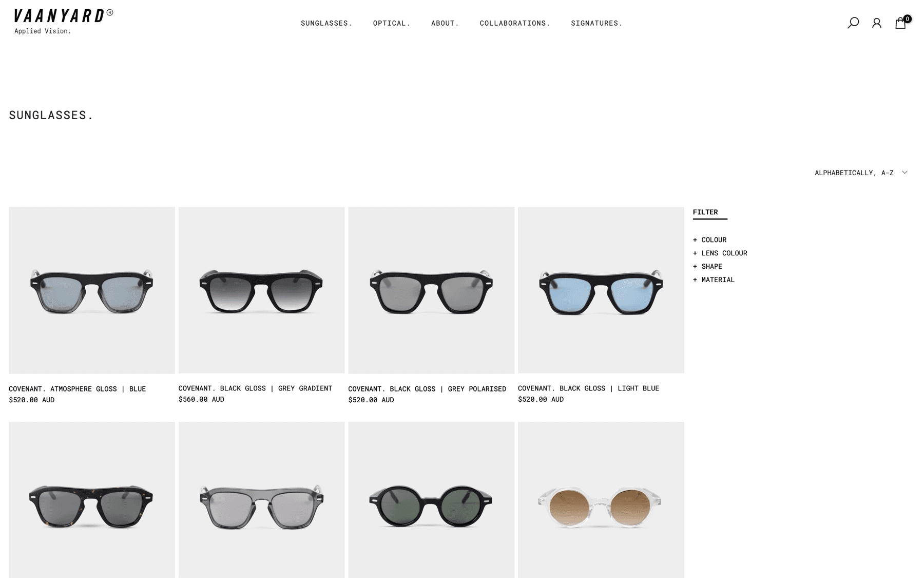Sunglasses collection — product grid with faceted filtering on colour, lens colour, shape and material, plus sort control.