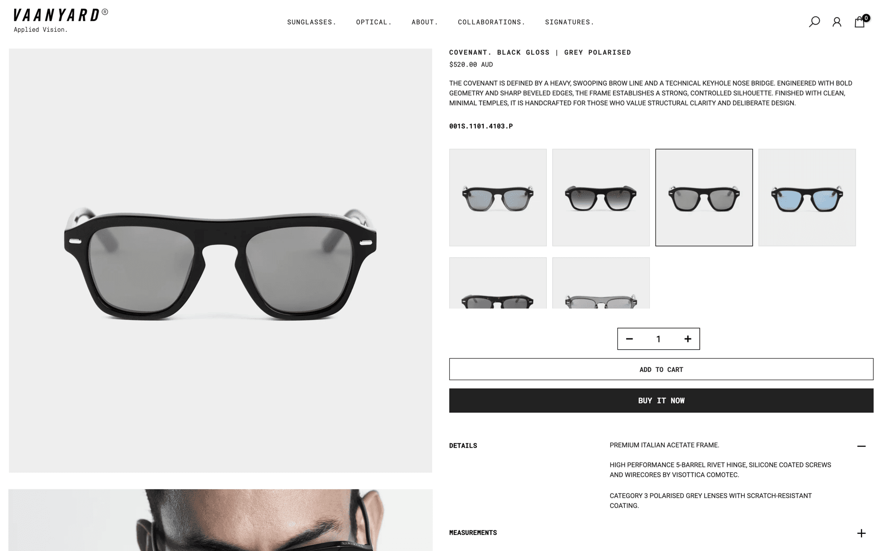 Product page — variant swatches, SKU, quantity control, add-to-cart and express checkout, with specs behind progressive-disclosure accordions.