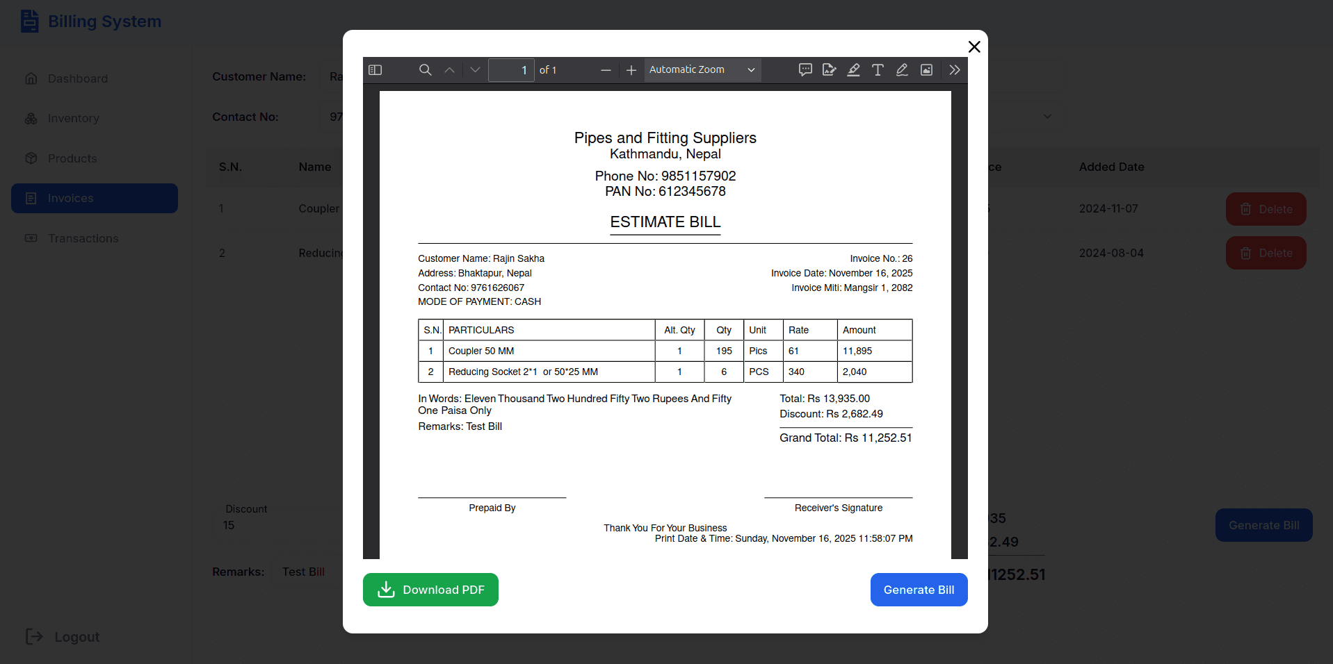 Custom invoice template editor and PDF preview