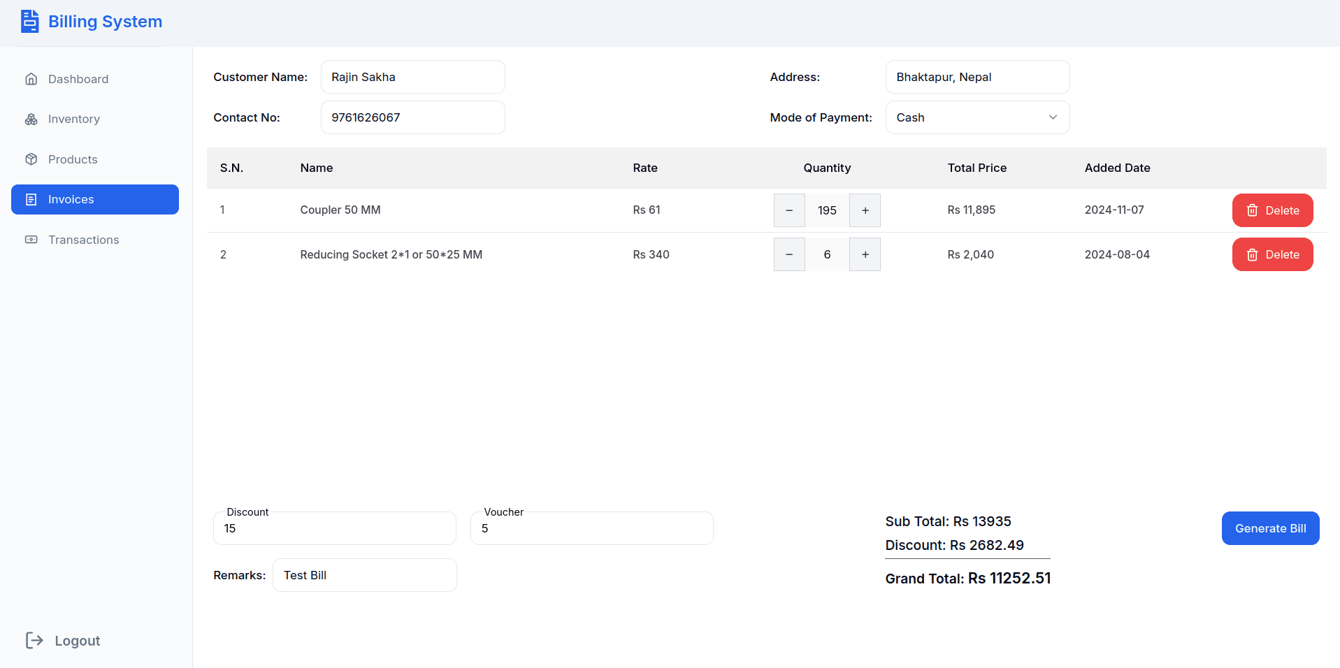 Bill Creation Screen